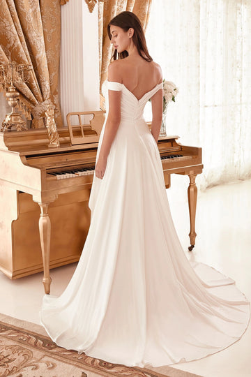 Minimalist Ruched Mermaid Off Shoulder V Back High Slit Draped Satin Wedding Dress