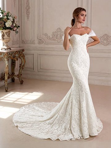 Luxury Mermaid Sweetheart Off Shoulder Lace Up Back Cathedral Train Bridal Wedding Dress