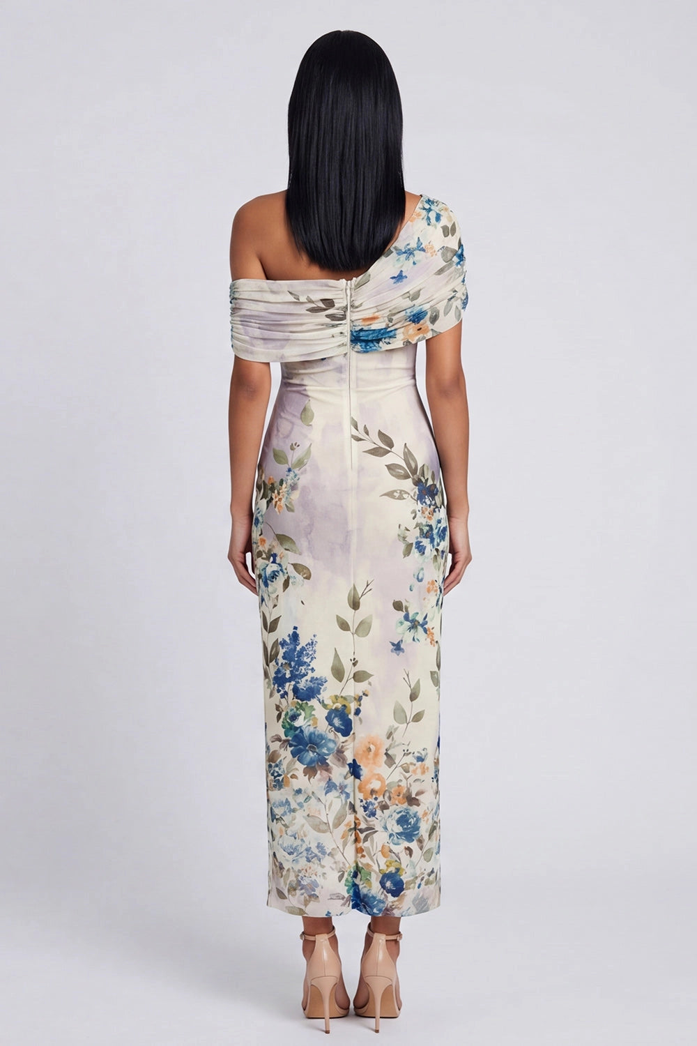 Vedress draped one shoulder floral midi dress back view with concealed zipper