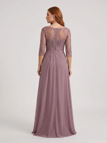 Zip‑back bateau neck lace illusion back dusty mauve formal mother of bride dress