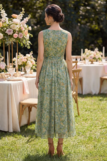 Green Watercolor Floral Chiffon Sleeveless V Neck Wrap Midi Wedding Guest Dress