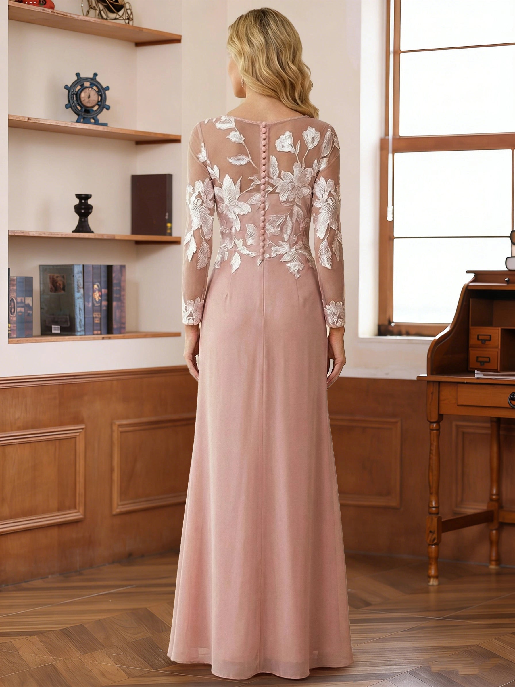 Back view dusty rose mother dress,sheer lace top with vertical button detail,flowy long skirt vedress