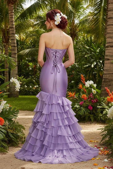 Vedress lavender satin strapless bow cutout corset lace‑up back tiered ruffle mermaid prom gown garden photo
