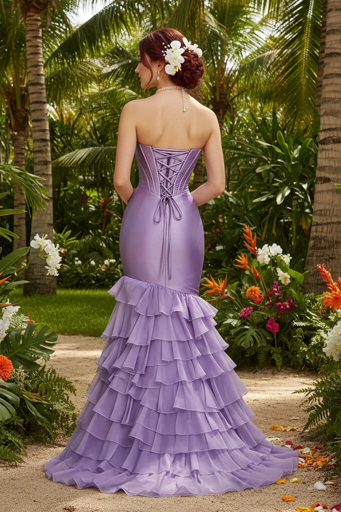 Vedress lavender satin strapless bow cutout corset lace‑up back tiered ruffle mermaid prom gown garden photo