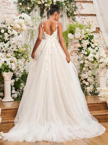 Romantic A-Line Deep V Spaghetti Strap Low Back Train Wedding Dress