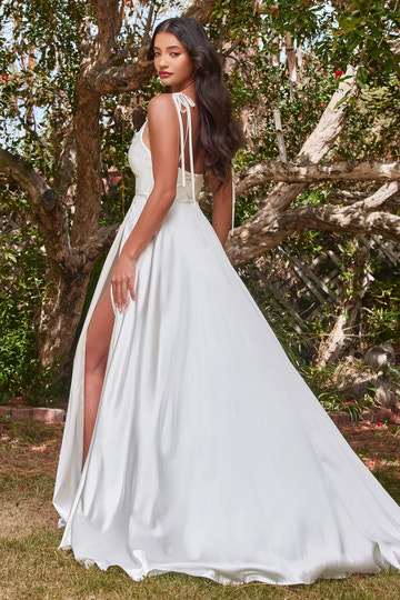 Satin A Line Cowl Neck Spaghetti Strap Tie Back Long Wedding Dress