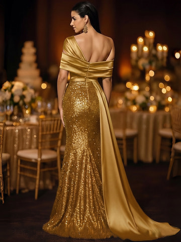 Glamorous Mermaid One-Shoulder Sequin Satin Formal Evening Gown With Train