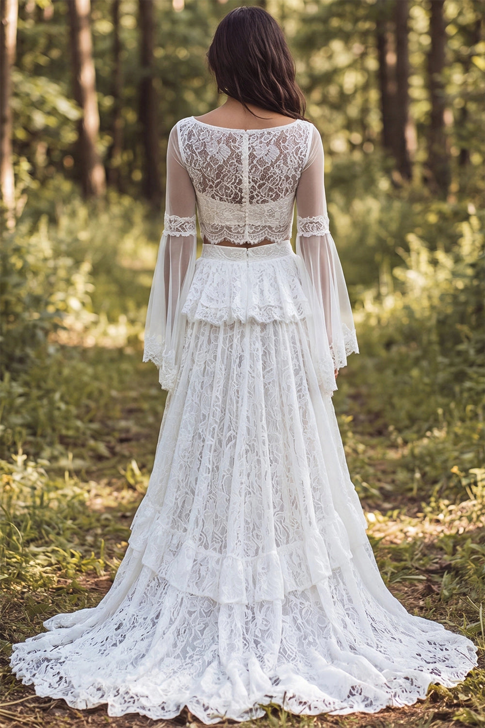 Vedress zip back sheer lace two piece bridal gown long sleeve high slit forest train view