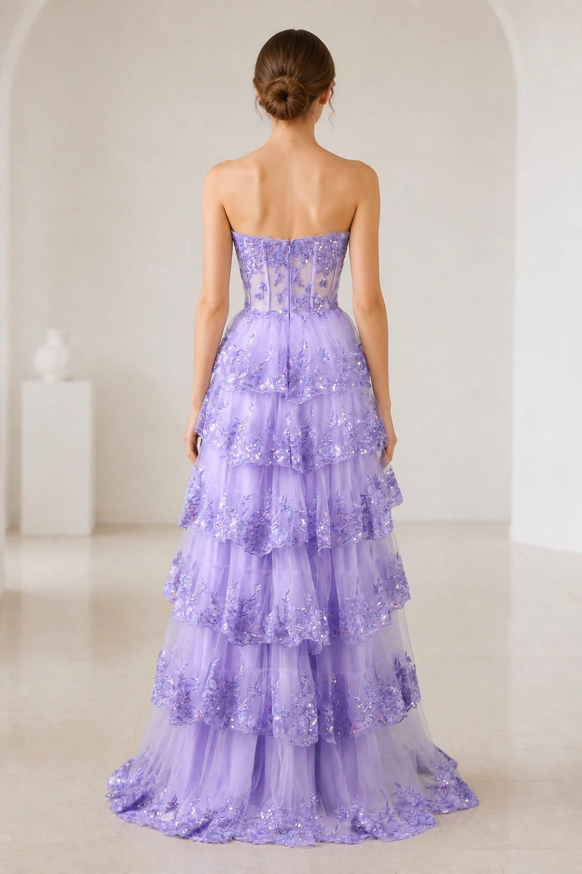 Back view purple tiered evening gown,straight zipper back,formal party dress vedress