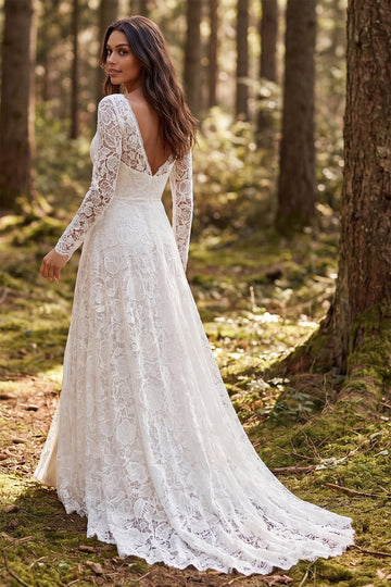 Vedress deep v back floral lace wedding dress long sleeve sweep train forest back view