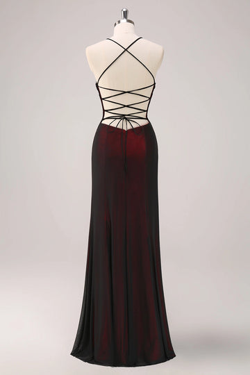 Vedress wine red satin lace up crisscross back formal evening gown rear view