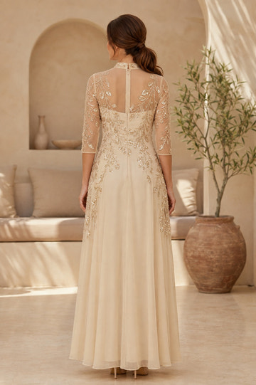 Champagne A-Line High Notch Neck Elbow Sleeve Illusion Back Floor-Length Mother Of The Bride Dress