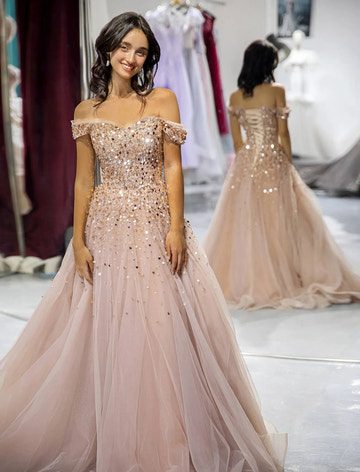Blush A-line Off Shoulder Sequin Tulle Long Evening Dress