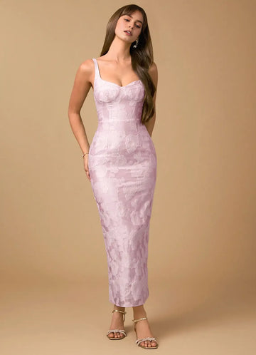 Sleek Sheath Mermaid Spaghetti Strap Jacquard Midi Back Slit Formal Evening Dress