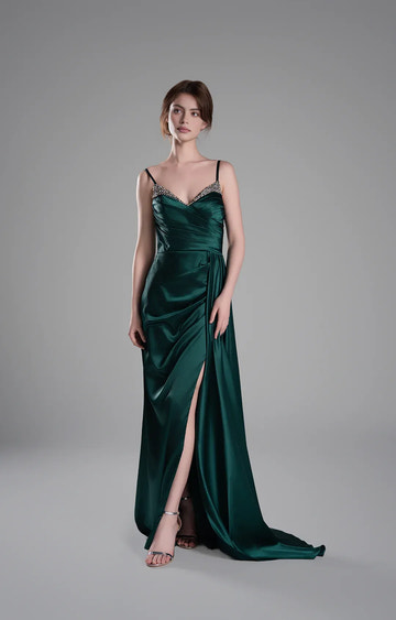 Luxury Mermaid V-Neck Sleeveless Satin Floor Length Beaded Slit Evening Dress