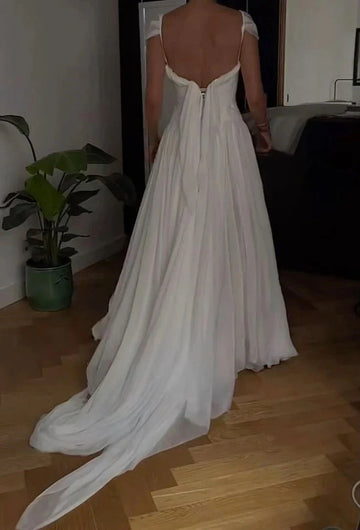Soft Minimal Flowy A-Line Square Neck Short Puff Sleeve Low Back Court Train Bridal Wedding Dress