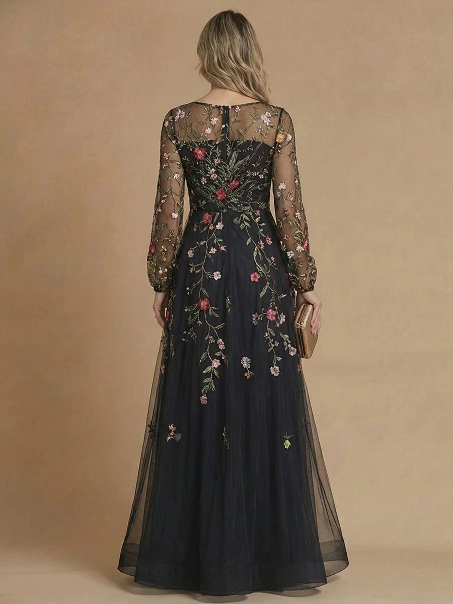 Vedress navy embroidered mother bride gown back view,illusion sheer boat back,center zipper closure,all‑over floral appliques,plain tan backdrop