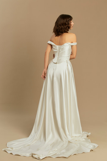 Elegant A-Line Off Shoulder Cowl Neck Lace Up Back Train Wedding Dress