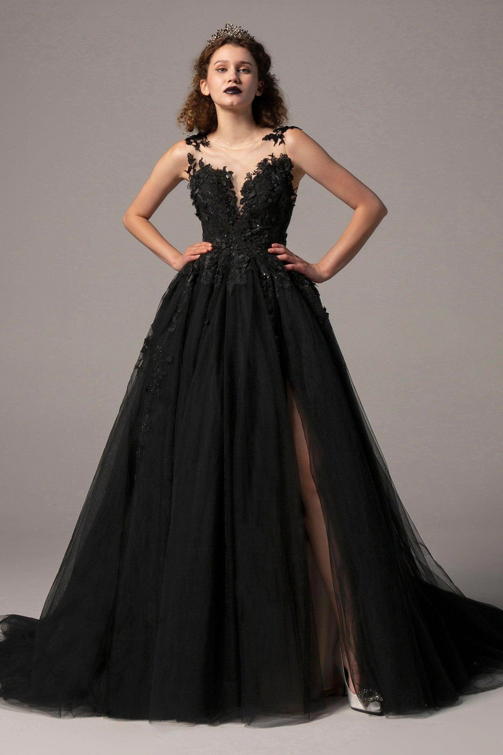 Vedress gothic black 3d floral illusion v neck sleeveless ballgown alternative wedding dress rocky cliff front shot