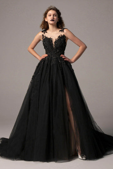 Vedress gothic black 3d floral illusion v neck sleeveless ballgown alternative wedding dress rocky cliff front shot