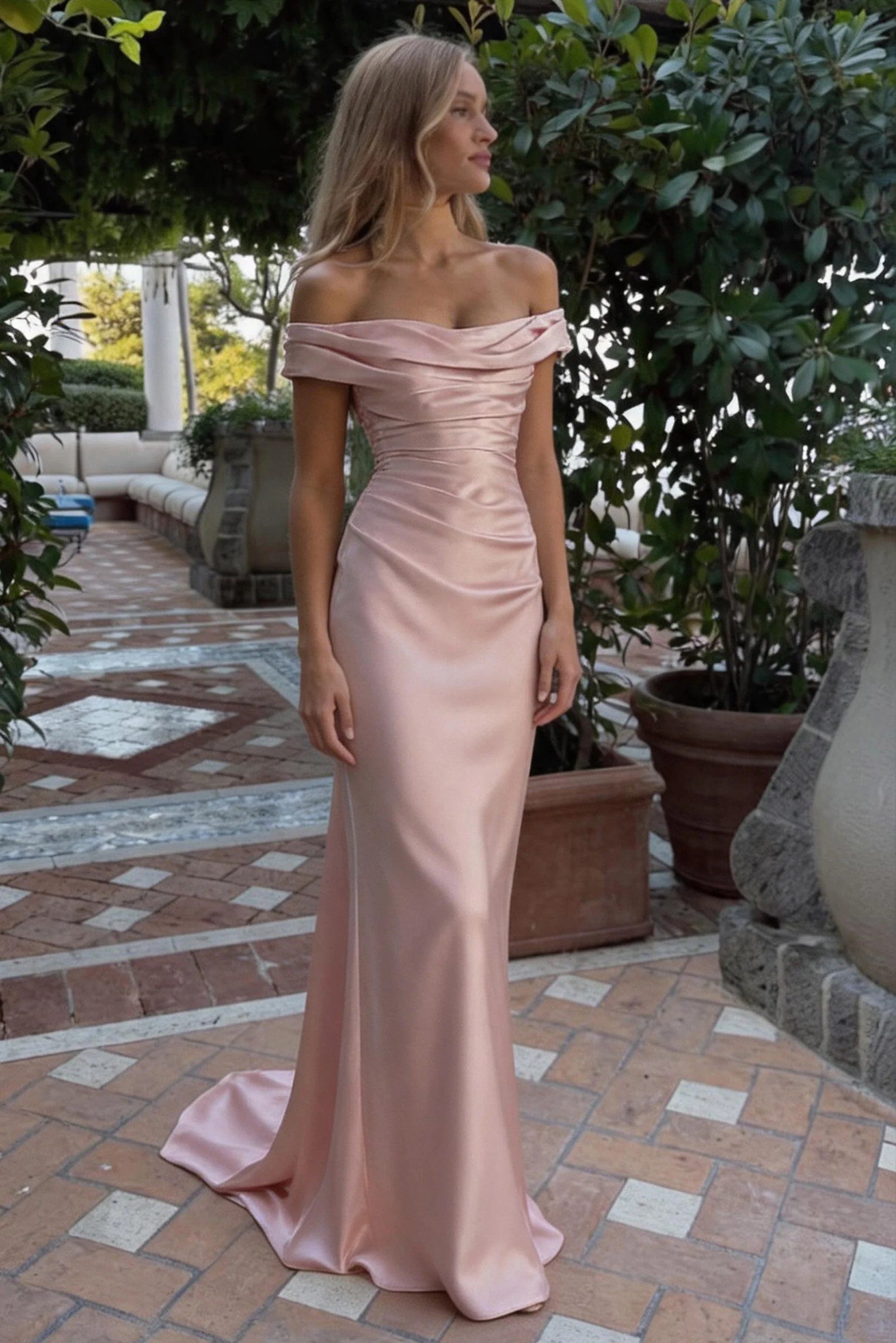 sheath off-the-shoulder satin evening dress with ruched bodice and floor-length fitted silhouette