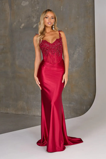 sweetheart spaghetti strap mermaid evening gown with a lace corset bodice and smooth satin skirt