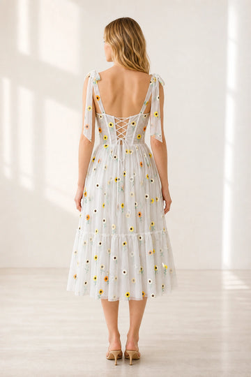 Floral A-line Sweetheart Spaghetti Strap Lace-up Back Midi Homecoming Dress