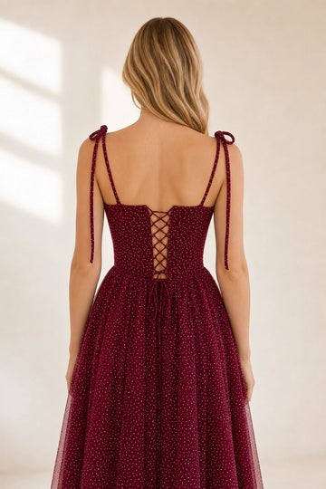 Burgundy A-line Sweetheart Spaghetti Strap Lace-up Back Midi Homecoming Dress