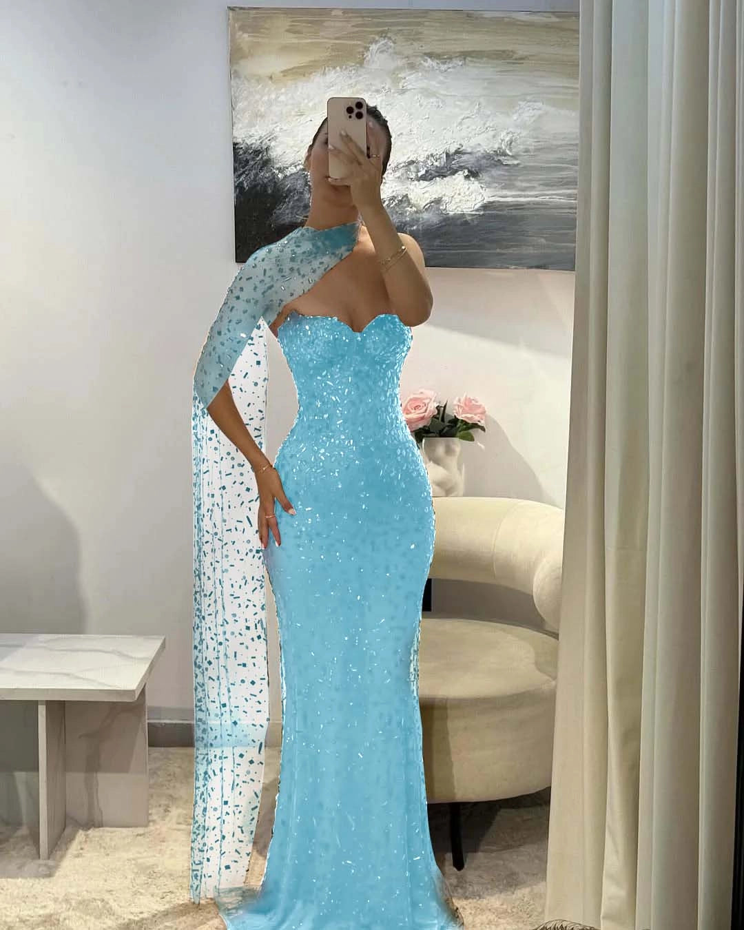 Vedress sky blue sequin mermaid one sleeve sweetheart formal prom dress