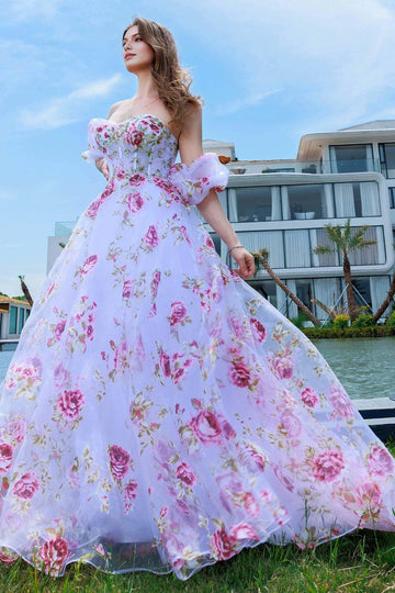 Romantic A-Line Sweetheart Off-Shoulder Floral Print Organza Sweep-Brush Train Prom Dress