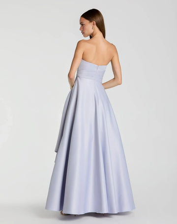 Open-back strapless A-line formal gown with zipper closure, pleated waist, and flowing satin skirt by Vedress