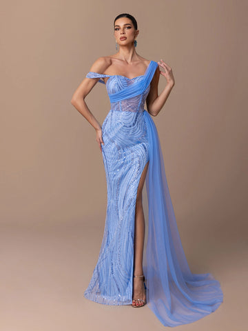 Glamorous Sequin Tulle Mermaid One Shoulder Lace Up Back Floor Length Prom Dress