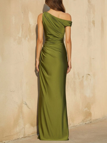 Vedress olive green satin formal gown back view,off‑shoulder draped back,hidden zipper,form‑fitting floor‑length mermaid silhouette,beige wall backdrop