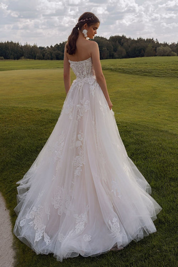 Romantic A-line Strapless Sleeveless Sheer Back Sweep Train Wedding Dress