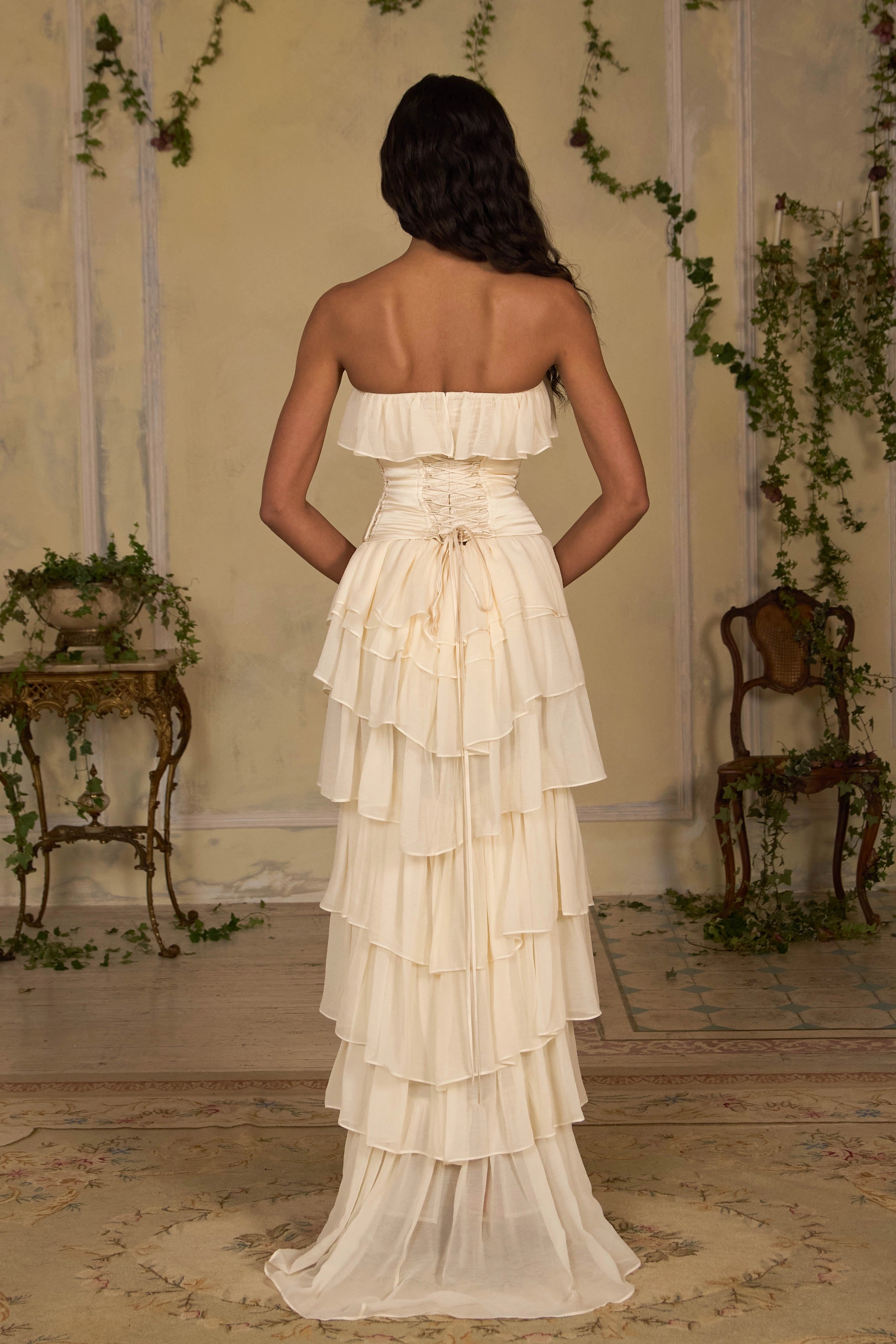 Vedress corset lace‑up back layered tier chiffon formal prom gown rear shot