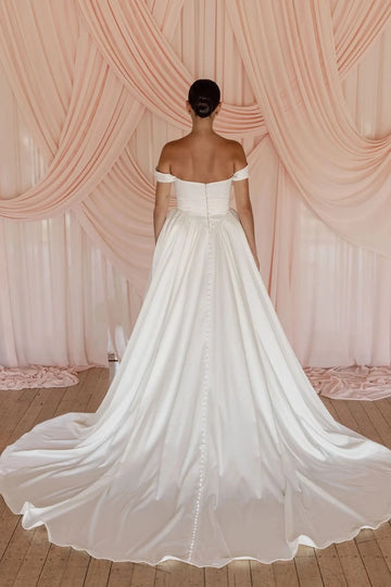 Romantic Ballgown Off-shoulder Sleeveless Button Back Cathedral Train Ivory Satin Wedding Dress