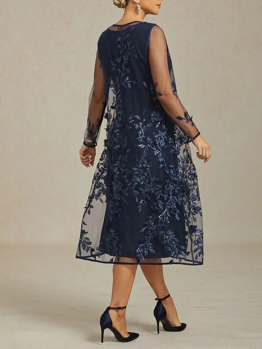 Vedress Long Sleeve Mesh Overlay Two Piece Formal Midi Dress Back View
