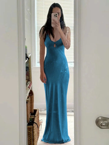 Sleek Slip V‑Neck Spaghetti‑Strap Tie‑Back Long Prom Dress
