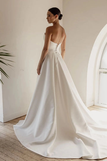 Ivory Satin Off-shoulder Sleeveless Button Back Cathedral Train Wedding Dress