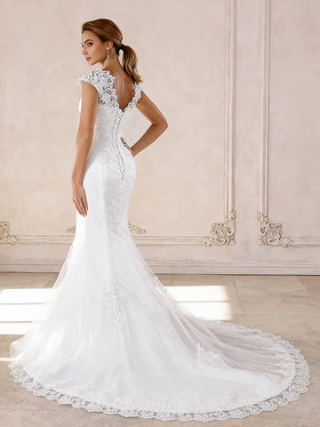 Classic Mermaid Bateau Cap Sleeve Lace Up Back Chapel Train Bridal Wedding Dress