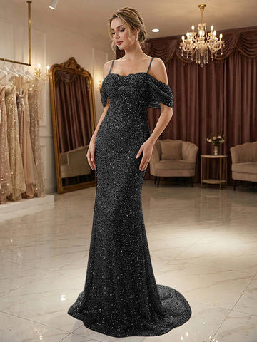 Champagne Off Shoulder Spaghetti Strap Sequin Mermaid Long Prom Dress With Train