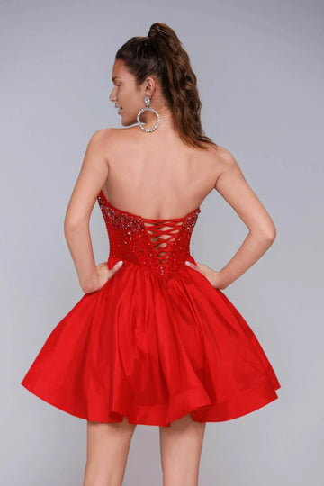 Cute A-line Sweetheart Strapless Beaded Taffeta Lace-Up Homecoming Dress