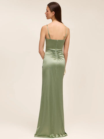 Back view of sage green satin formal dress with spaghetti straps, low back, zipper closure, ruched back detail, and floor-length sheath skirt by VEDRESS