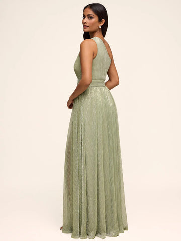 Back view of one-shoulder A-line formal gown with pleated shimmer fabric, fitted waist, and flowing floor-length skirt for weddings and evening events