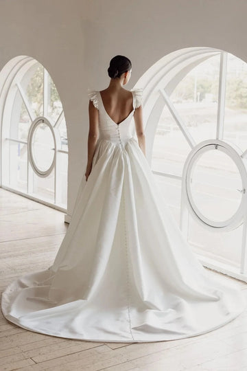 Ivory Satin Soft Ballgown Square Neck Ruffle Strap V Back Cathedral Train Wedding Dress