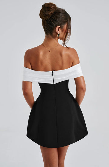 Vedress black white off shoulder zip back a line mini homecoming dress back view