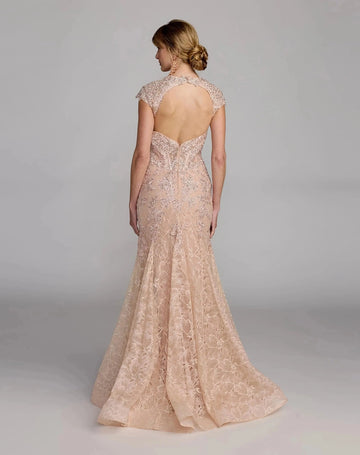 Vedress blush lace mermaid mother of the bride dress with cap sleeves and open cutout back