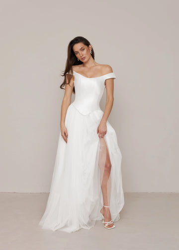 Vedress minimalist satin a line wedding dress off shoulder cap sleeve floor length simple bridal gown for elopement wedding