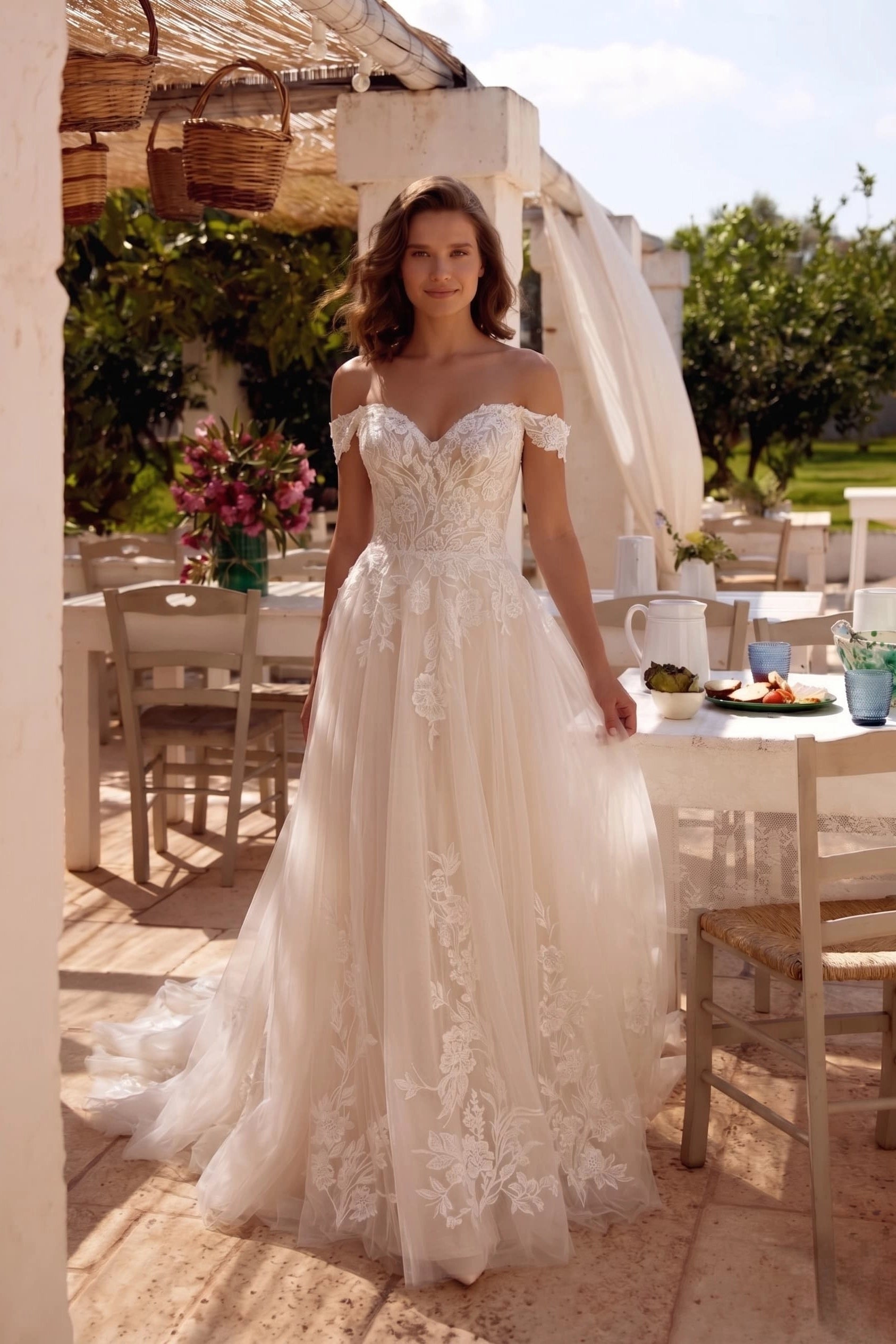 Vedress ivory blush a line wedding dress off shoulder cap sleeve floral lace gown with train for garden countryside outdoor wedding