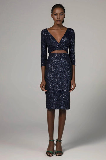 V-neck sequin cocktail dress with three-quarter sleeves and fitted sheath silhouette